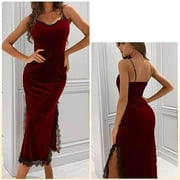 Lolmot Women Velvet Lace Nightgowns Deep V Neck Chemise Sexy Lingerie Nightdress Slim Fit Long Nightie Side Split Hem Sleeveless Cami Sleepwear on Clearance